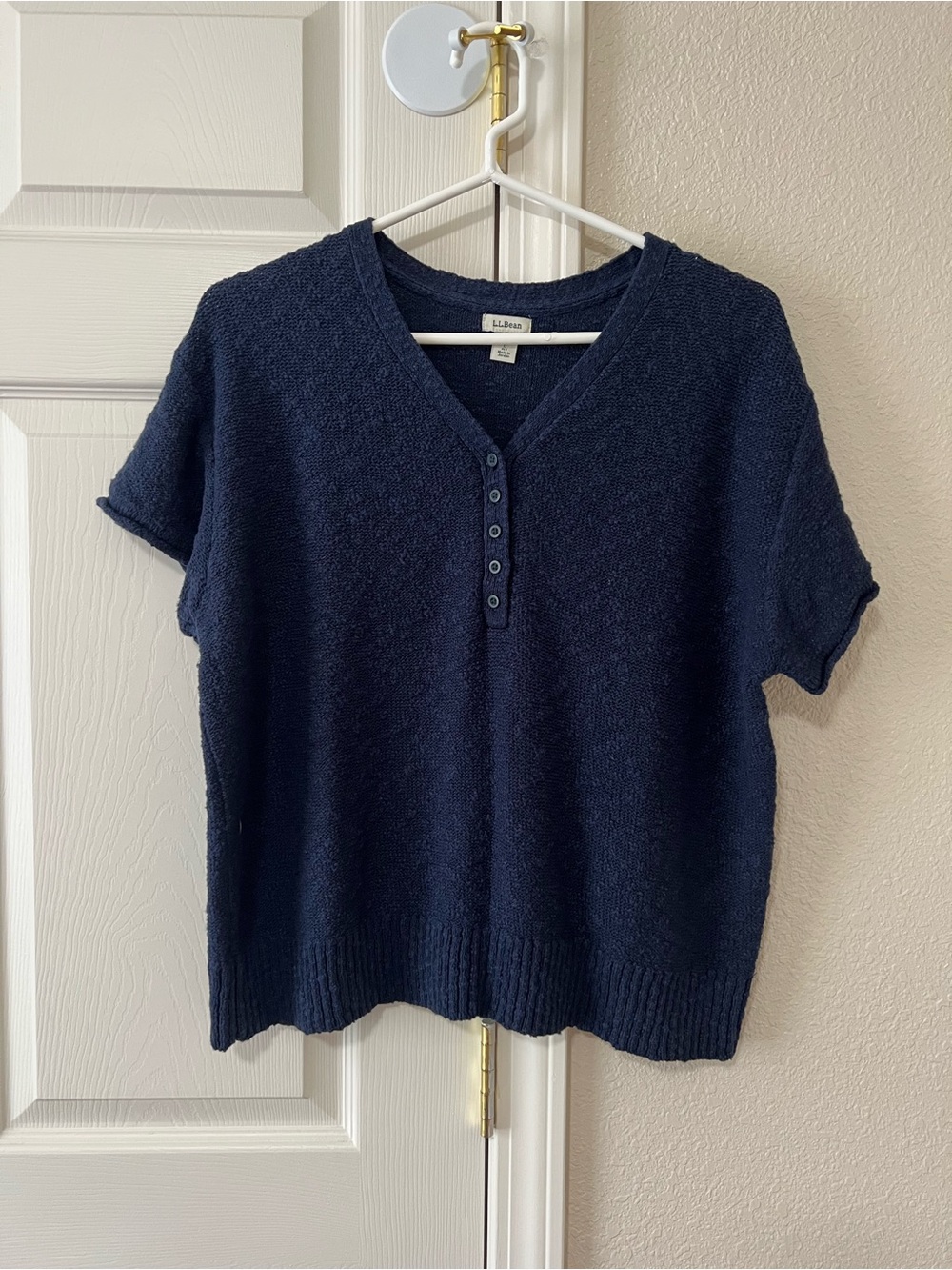 L.L.Bean Navy Textured Cotton Knit Henley Sweater Women’s Large Petite 520179